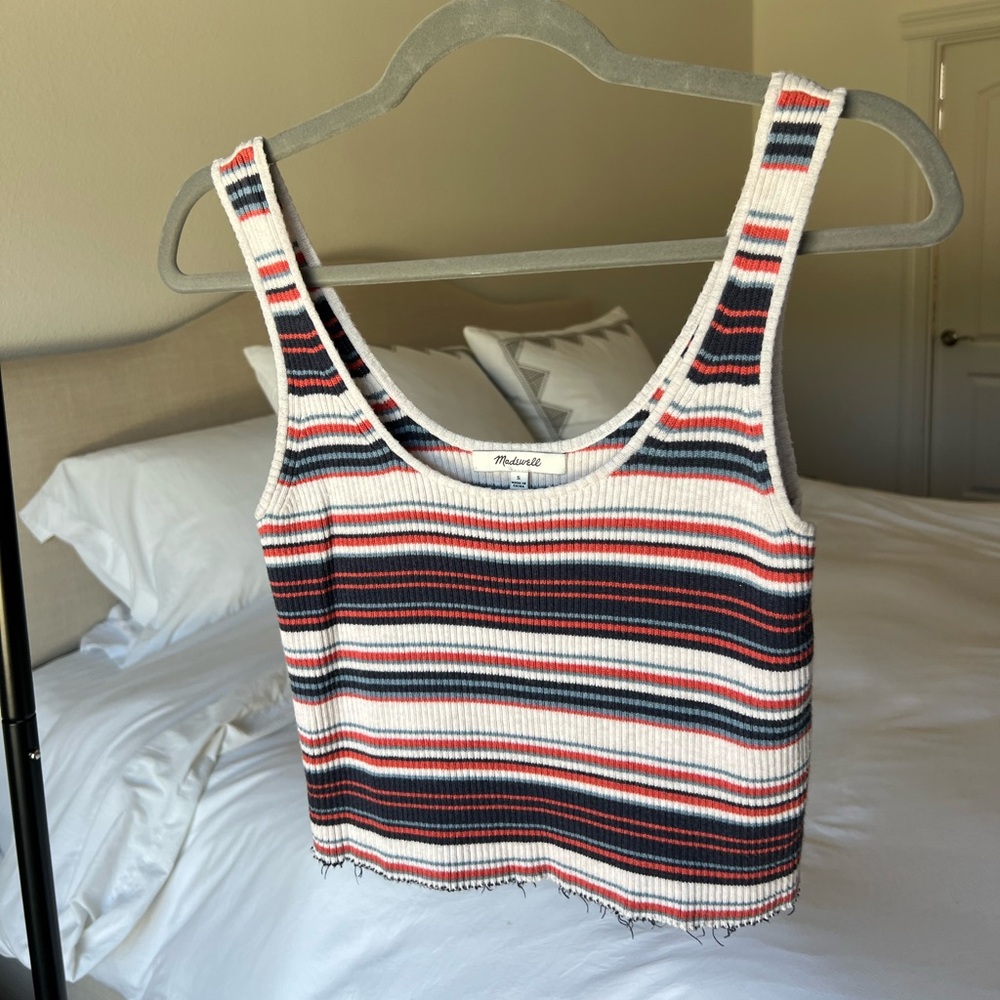 Madewell Ribbed Striped Tank Top Small Red White Blue Sleeveless Fitted Crop